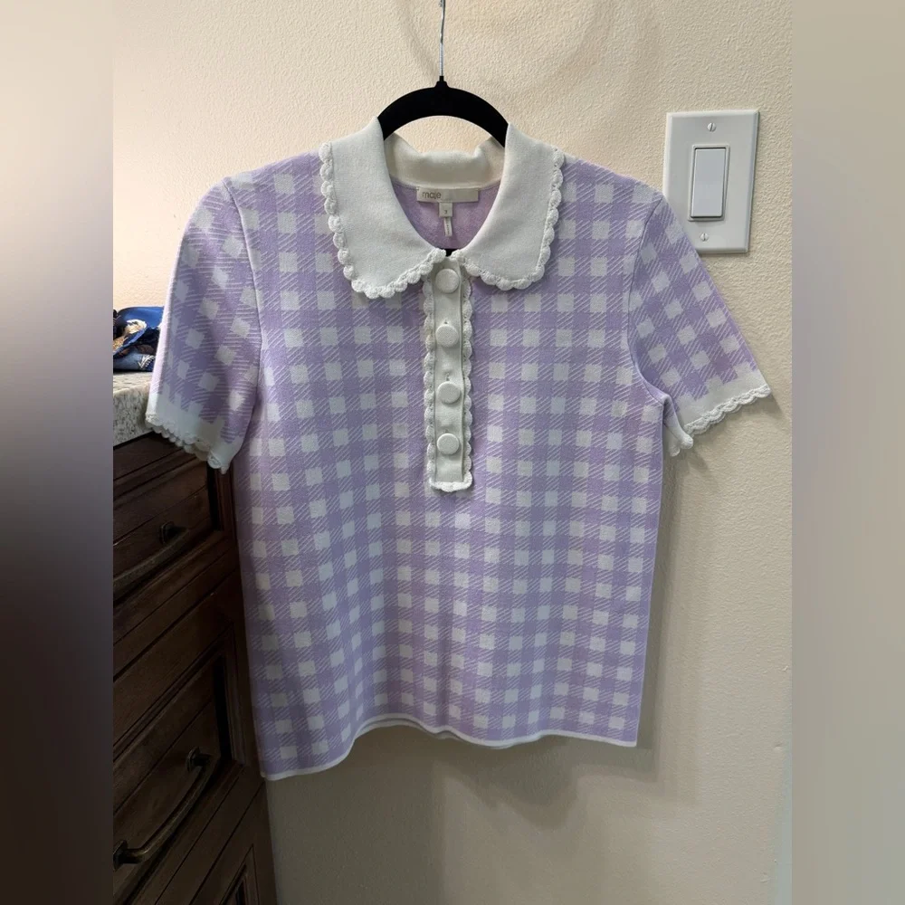 Maje woman’s Lavender Gingham Collared Knit Top with Scalloped Trim - Picture 1 of 8